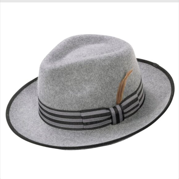 Montique GREY Wool Felt Fedora with BLACK Striped Ribbon Band. 2 INCH BRIM H 102 - Picture 1 of 1